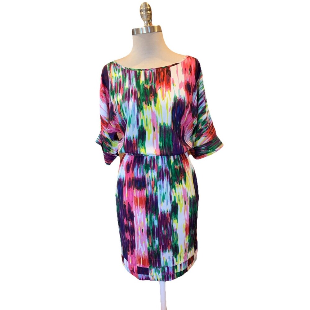 Presley Skye Above Knee Dress Watercolor Pink Lined Sz Large Satiny Artsy Party